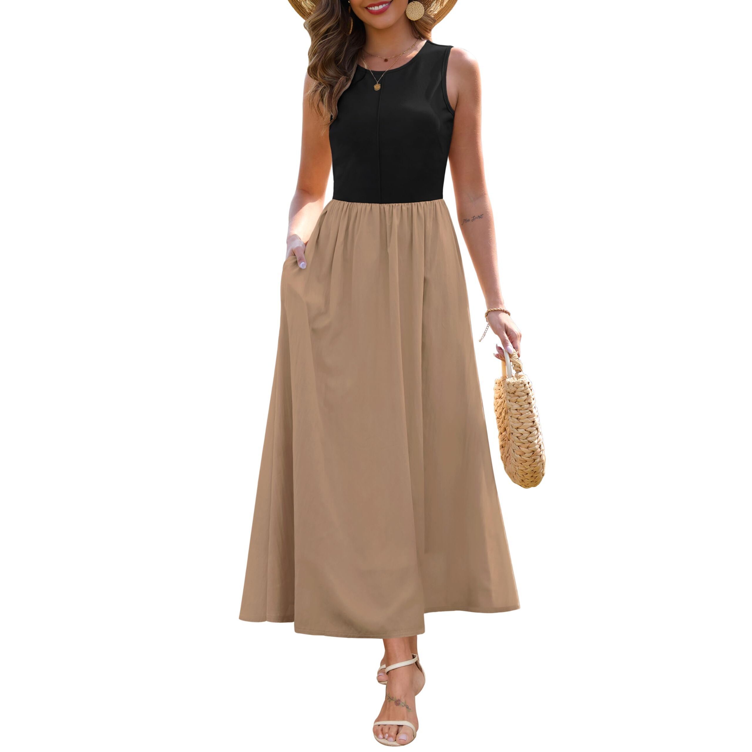 5546 Summer Maxi Dresses 2025 Sleeveless Tank Top Patchwork Knit Crew Neck